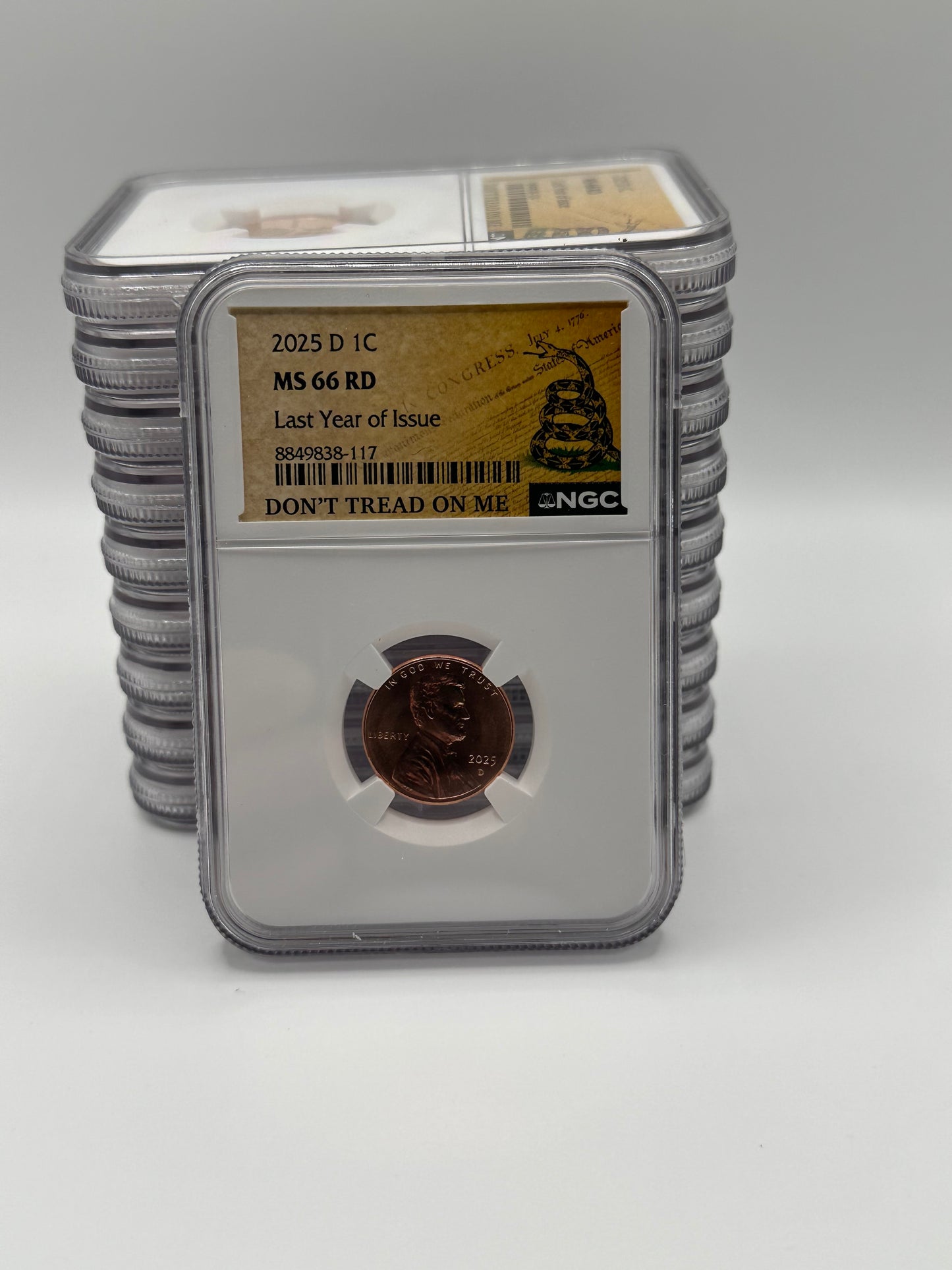 2025-D NGC MS66 RD Lincoln Cent — Last Year of Issue — "Don't Tread On Me" Slab