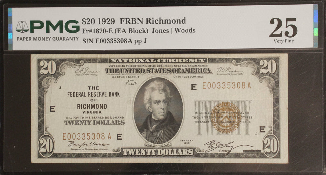 PMG 25 Very Fine 1929 $20 Federal Reserve Bank Note – Richmond District – Jones/Woods Signatures
