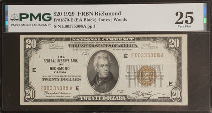PMG 25 Very Fine 1929 $20 Federal Reserve Bank Note – Richmond District – Jones/Woods Signatures