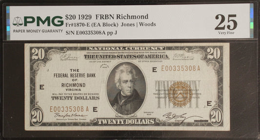 PMG 25 Very Fine 1929 $20 Federal Reserve Bank Note – Richmond District – Jones/Woods Signatures