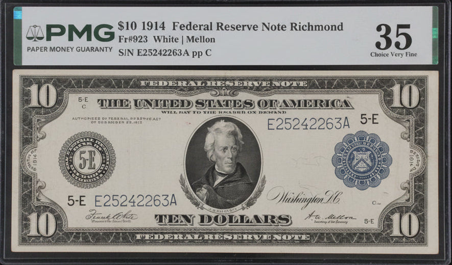 PMG 35 Choice Very Fine – 1914 $10 Federal Reserve Note – Richmond District – White/Mellon Signatures