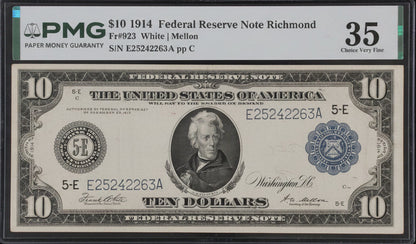 PMG 35 Choice Very Fine – 1914 $10 Federal Reserve Note – Richmond District – White/Mellon Signatures