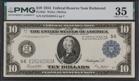 PMG 35 Choice Very Fine – 1914 $10 Federal Reserve Note – Richmond District – White/Mellon Signatures