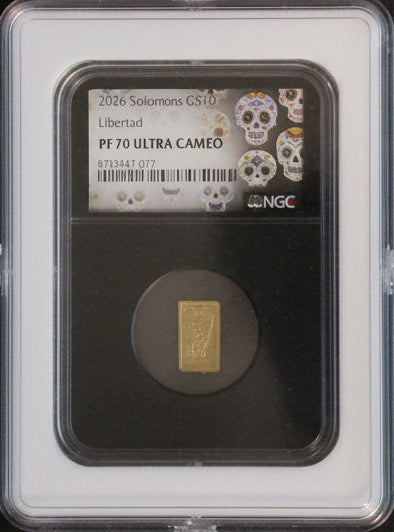 NGC PF70 Ultra Cameo – 2026 Solomon Islands $10 Libertad – Sugar Skull Label – 1/1000 oz .9999 Gold – Only 79 Minted